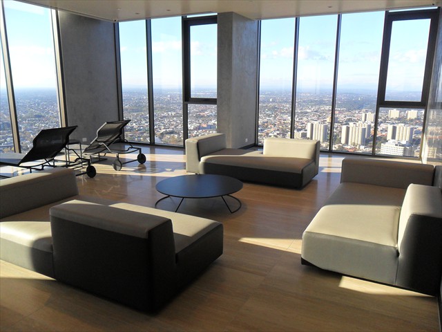 ABODE: Spa Centre lounge area (level 55) with spectacular skyline views of Melbourne